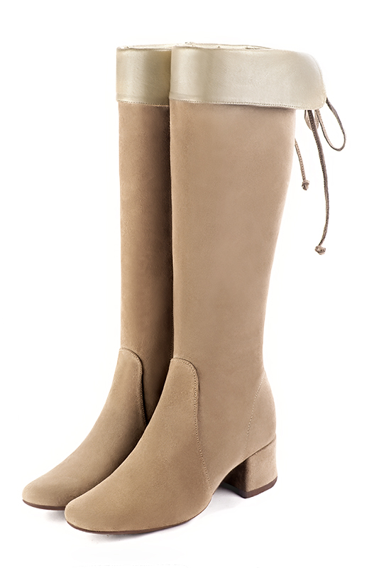 Tan beige and gold women's knee-high boots, with laces at the back. Round toe. Low flare heels. Made to measure. Front view - Florence KOOIJMAN